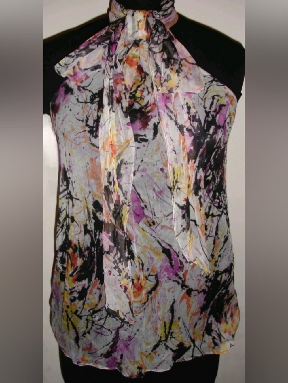 Zara Abstract Print Sleeveless Tie-Neck Womens Top Multi Color Sz S
